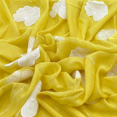 Yellow Big Flower Applique Mul Chanderi Embroidery