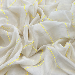 Off White and Yellow Thread Mirrorwork Mul Chanderi Embroidery