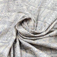 Natural Beige Blue Thread Tussar Silk Embroidery