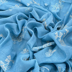 Bright Blue Floral Butti Zari Mul Chanderi Embroidery