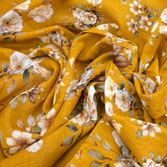 Mustard Yellow Floral Printed Gauge Linen