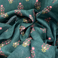 Teal Green Floral Butti Printed Gauge Linen