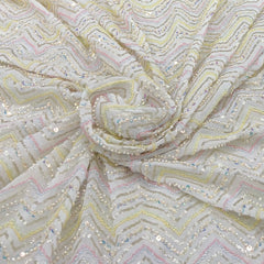 White Multicolor Zig Zag Pearl Cutdana Georgette Embroidery