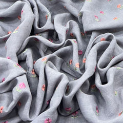 Grey Multicolor Floral Butti Sequins and Thread Linen Embroidery