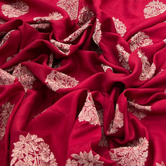 Red Flower Butti Slub Silk Embroidery
