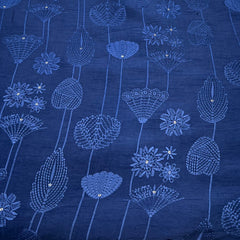 Blue Floral Geometric Slub Silk Embroidery