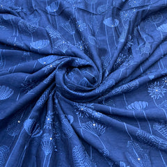 Blue Floral Geometric Slub Silk Embroidery