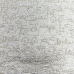 Off White Geometric Floral Sequins Thread Raw Silk Embroidery