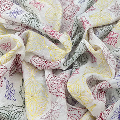 White & Multicolour Geometric Handwork Thread Mul Chanderi Embroidery