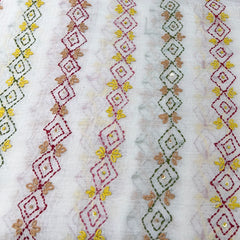 White & Multicolour Stripes Handwork Thread Mul Chanderi Embroidery