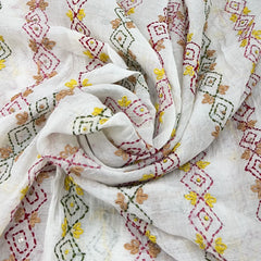 White & Multicolour Stripes Handwork Thread Mul Chanderi Embroidery