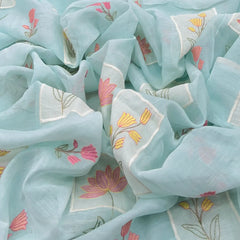 Bright Blue Floral Applique Chanderi Embroidery