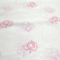 White Pink Lotus Applique Mul Chanderi Embroidery