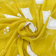 Bright Yellow Floral Applique Mul Chanderi Embroidery