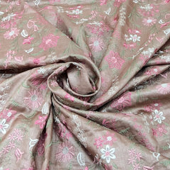 Brown and Pink Floral Thread Pure Tussar Silk Embroidery