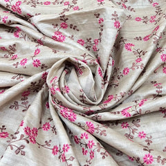 Natural Beige and Pink Floral Thread Pure Tussar Silk Embroidery