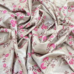 Natural Beige and Pink Floral Thread Pure Tussar Silk Embroidery