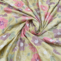 Yellow Multicolor Floral Thread Chinia Silk Embroidery
