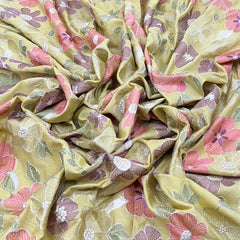 Yellow Multicolor Floral Thread Chinia Silk Embroidery