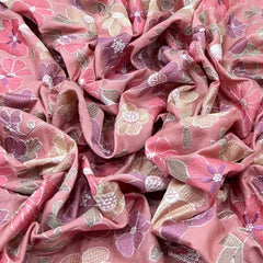 Pink Multicolor Floral Thread Chinia Silk Embroidery