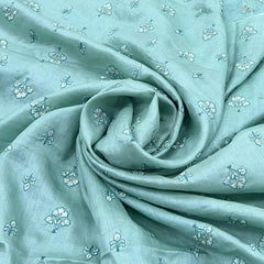 Aqua Blue Floral Butti Thread Sequins Pure Tussar Silk Embroidery
