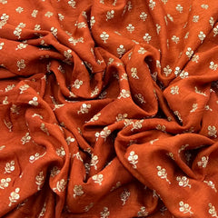 Burnt Orange Floral Butti Thread Sequins Slub Silk Embroidery