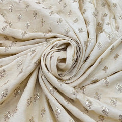 Off White Floral Butti Thread Sequins Slub Silk Embroidery