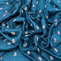 Teal Blue Floral Tree Butti Thread Slub Silk Embroidery