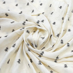 White and Black Floral Tree Butti Thread Slub Silk Embroidery