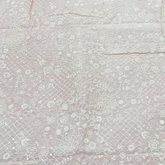 Pastel Peach Floral Checks Thread Sequins Slub Silk Embroidery