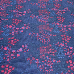 Navy Blue Red Floral Jal Thread Slub Silk Embroidery