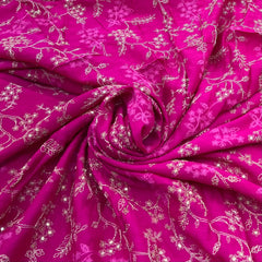 Rani Pink Floral Jal Zari Thread Slub Silk Embroidery