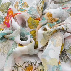 White Multicolor Floral Crepe Printed Sequins Embroidery