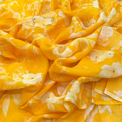 Yellow Floral Crepe Printed Sequins Embroidery