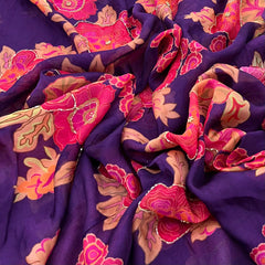 Purple Pink Floral Crepe Printed Sequins Embroidery