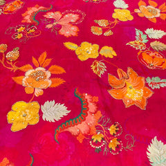 Bright Pink Orange Floral Crepe Printed Sequins Embroidery