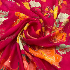 Bright Pink Orange Floral Crepe Printed Sequins Embroidery