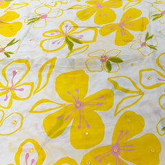 White Yellow Floral Crepe Printed Sequins Embroidery