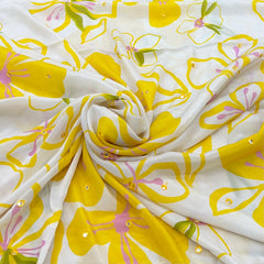 White Yellow Floral Crepe Printed Sequins Embroidery