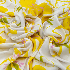 White Yellow Floral Crepe Printed Sequins Embroidery