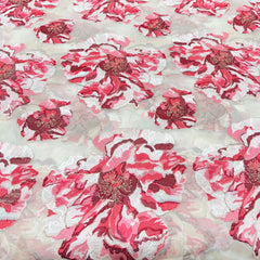 Off White Red Floral Applique Thread Organza Embroidery