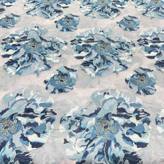 White Blue Floral Applique Thread Organza Embroidery