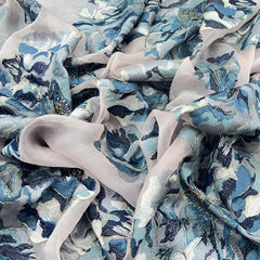 White Blue Floral Applique Thread Organza Embroidery