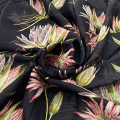 Black Green Floral Thread Organza Embroidery