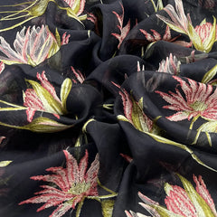 Black Green Floral Thread Organza Embroidery