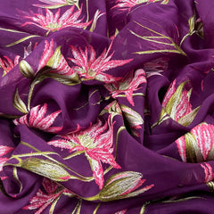 Purple Green Floral Thread Organza Embroidery