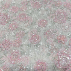White Pink Floral Geometric Thread Sequins Organza Embroidery