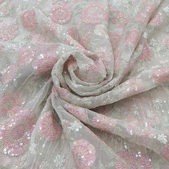 White Pink Floral Geometric Thread Sequins Organza Embroidery