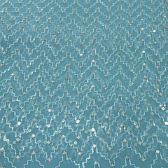 Aqua Blue Wave Sequins & Thread Organza Embroidery