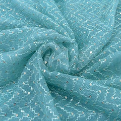 Aqua Blue Wave Sequins & Thread Organza Embroidery